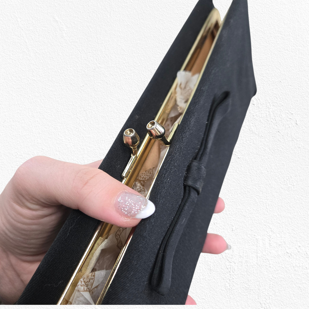 1940s Vintage Black Evening Clutch Kiss Lock Vintage Slim Formal Handbag USA - Picture 7 of 12